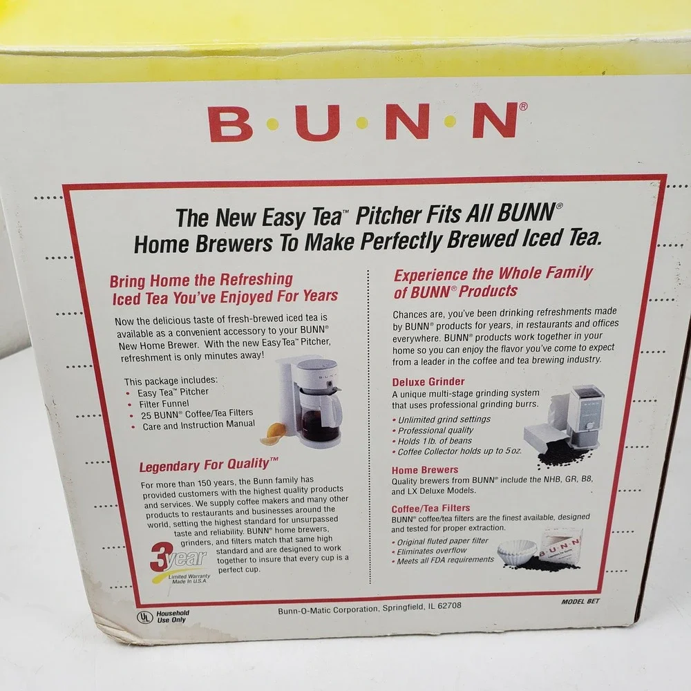 Bunn Easy Tea Pitcher Model BET White Yellow 3 Quart Glass Iced Tea Maker